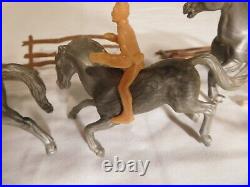 16 Vintage Toy Plastic Playset Figures 9 Marx Horses, 3 are Marbalized Silver