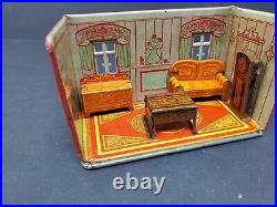 1930s Marx Newlyweds Cottage Den Tin Litho Toy, 5 Piece Playset Vintage Antique