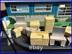 1950s Marx Tin Litho DollHouse Single Level Modern Ranch House with Furniture, Box