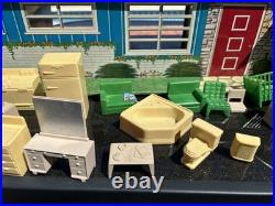 1950s Marx Tin Litho DollHouse Single Level Modern Ranch House with Furniture, Box