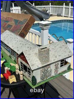 1950s Marx Tin Litho DollHouse Single Level Modern Ranch House with Furniture, Box