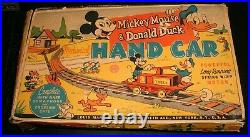 1955 Marx, Walt Disney Prod, Mickey Mouse & Donald Duck Hand Car Play Set, O/b