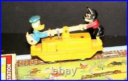 1955 Marx, Walt Disney Prod, Mickey Mouse & Donald Duck Hand Car Play Set, O/b