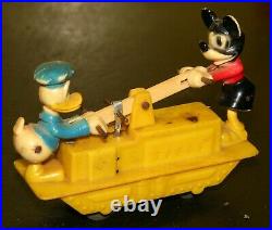 1955 Marx, Walt Disney Prod, Mickey Mouse & Donald Duck Hand Car Play Set, O/b