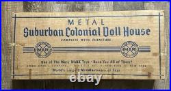 1960 Marx Suburban Colonial Metal Doll House in Box w Furniture & Acc inc Disney