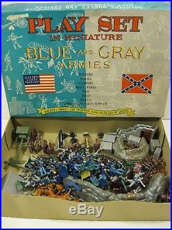 1960's Marx Miniature Blue & Gray Playset + Box 120+ pieces Original Fine+ NR