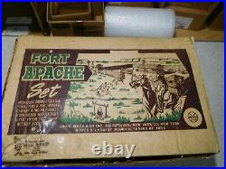 65 Piece Vintage Marx Fort Apache 2 Boxes, Cannon, Tin Flag, Teepees, Trees