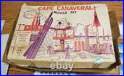 CAPE CANAVERAL MISSILE SET + Box MARX TOYS Tin Buildings Radar Men Fence Compass