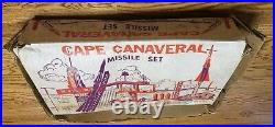 CAPE CANAVERAL MISSILE SET + Box MARX TOYS Tin Buildings Radar Men Fence Compass