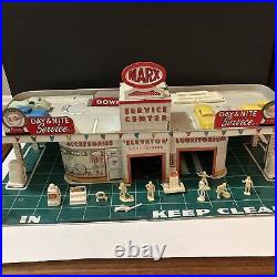 MARX 1950's TIN LITHO DAY & NITE SERVICE STATION WITH SKY VIEW PARKING WithAccs