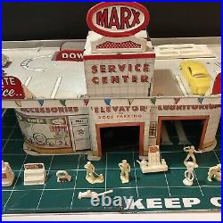 MARX 1950's TIN LITHO DAY & NITE SERVICE STATION WITH SKY VIEW PARKING WithAccs