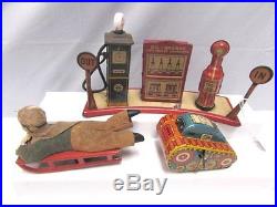 Marx Toys Lighted Gas Pump Station Prewar Boy Sled Turn Over Wind Up Tank Good