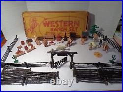 MARX VINTAGE WESTERN RANCH PLAY SET WithBOX, FENCE, FIGURES AND ACCESSORIES