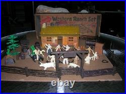 MARX WESTERN RANCH PLAYSET WithBOX 1950 COWBOYS TIN LITHO BUNKHOUSE RUBBER/ VINYL
