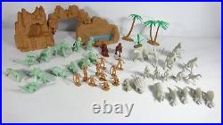 Marx 31 Dinosaur 10 Cavemen Plastic Figures Trees Rocks Grey, Green, Brown