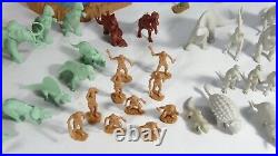 Marx 31 Dinosaur 10 Cavemen Plastic Figures Trees Rocks Grey, Green, Brown