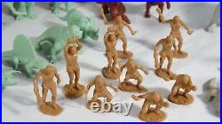 Marx 31 Dinosaur 10 Cavemen Plastic Figures Trees Rocks Grey, Green, Brown