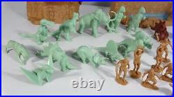 Marx 31 Dinosaur 10 Cavemen Plastic Figures Trees Rocks Grey, Green, Brown