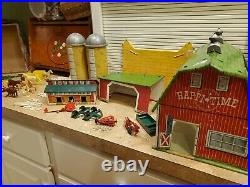 Marx Happi Time Farm Metal Barn 1950s play set garden implements animals fence