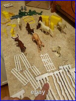 Marx Happi Time Farm Metal Barn 1950s play set garden implements animals fence