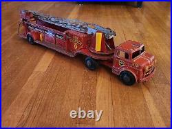 Marx Red Vintage 50s Tin Litho Emergency Fire Engine #9 Ladder Truck NICE