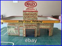 Marx Tin Litho Gas Station with Sky View Parking Garage, With ACCESSORIES. VG+ Cond