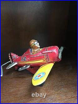 Marx Tin Windup Number #12 Red and Yellow Plane Toy