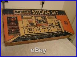 Marx Toys 1950's Modern Kitchen Set In The Box & Utensils Nice Graphics 27 X 12