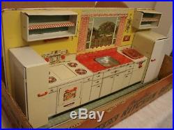 Marx Toys 1950's Modern Kitchen Set In The Box & Utensils Nice Graphics 27 X 12