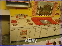 Marx Toys 1950's Modern Kitchen Set In The Box & Utensils Nice Graphics 27 X 12