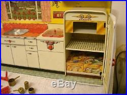 Marx Toys 1950's Modern Kitchen Set In The Box & Utensils Nice Graphics 27 X 12
