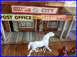 Marx Western Town Hotel Side Silver City Dodge Wagon Train tin litho extras READ