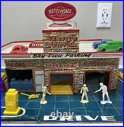 Rare 1950s Marx Happi Time Tin Service Center Sky-View Parking with Accessories