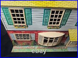 VINTAGE Marx Tin Litho Doll House 2 Story Metal WithGarage & 16 Piece Furniture