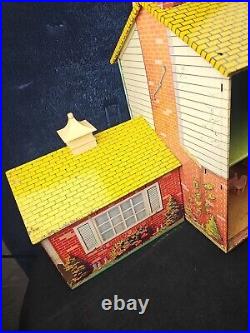 VINTAGE Marx Tin Litho Doll House 2 Story Metal WithGarage & 16 Piece Furniture