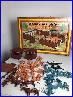 VIntage 1968 Marx Fort Apache Tin Litho Carry-All Play Set #4685 with Accessories