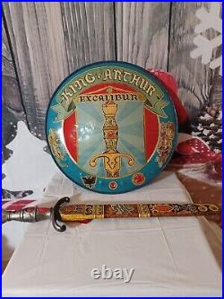 VTG Orig MARX Toys King Arthur Excalibur Tin Litho Shield Sword Helmet 1950s USA