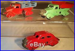 Very Rare Marx Pressed Steel Used Car Lot with Windup Airflow, Dump & Stake Trucks