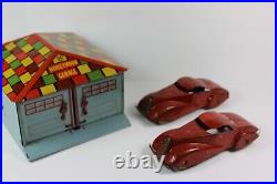 Vintage 1930's Marx Tin Lithograph Toy Honeymoon Garage with Two His & Hers Cars