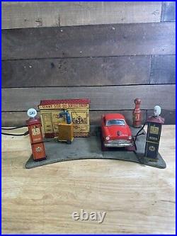 Vintage 1930s MARX Sunny Side Tin Gas Station Pumps, Playset, Lights & Car
