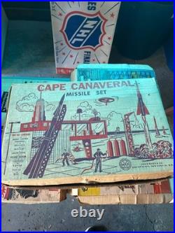 Vintage 1950s Marx Cape Canaveral Missile Set with Box Tin Building & Rockets