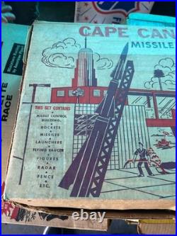 Vintage 1950s Marx Cape Canaveral Missile Set with Box Tin Building & Rockets