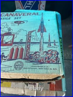 Vintage 1950s Marx Cape Canaveral Missile Set with Box Tin Building & Rockets