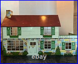 Vintage 1950s Marx Litho Tin Colonial House withMarx Furnishings Family Figures
