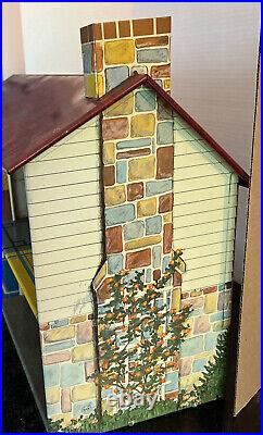 Vintage 1950s Marx Litho Tin Colonial House withMarx Furnishings Family Figures