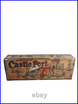 Vintage 1953 Marx Medieval Castle Fort Playset w Box Knights Horses Cannon