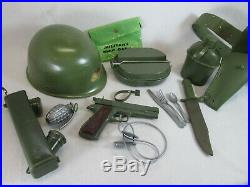 Vintage 1960's Marx Army play set pistol cap gun helmet belt mess kit, dog tags