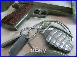 Vintage 1960's Marx Army play set pistol cap gun helmet belt mess kit, dog tags