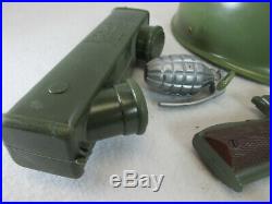 Vintage 1960's Marx Army play set pistol cap gun helmet belt mess kit, dog tags