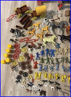 Vintage 1960's Marx Mixed Lot Figures, Wagons, Parts, Horses, Weapons, Wheels